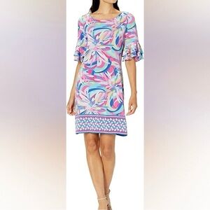 Pappagallo Cactus Rose Ruffle Sleeve Midi Pullover Multicolor Shift Dress Size M